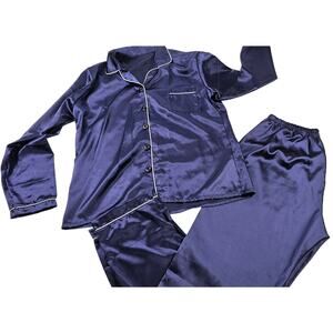 XL lounge sleep set silky navy blue button front elastic waist wode leg NWOT